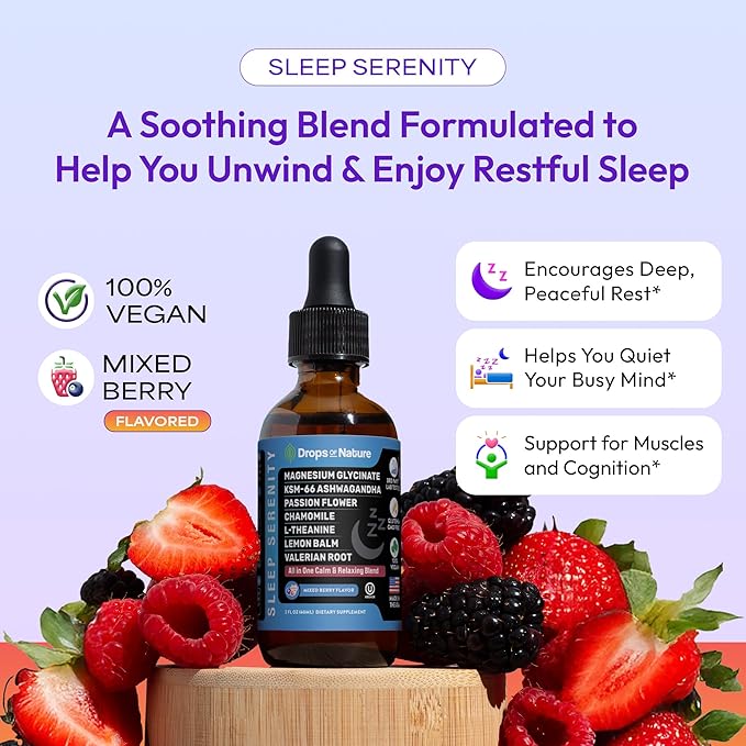 Magnesium Glycinate & Ashwagandha Liquid Drops with Valerian Root, Chamomile, Passion Flower, Lemon Balm & L-Theanine - Vegan Fast Absorption - Supplement for Wellness & Relaxation (Mixed Berry, 60mL)