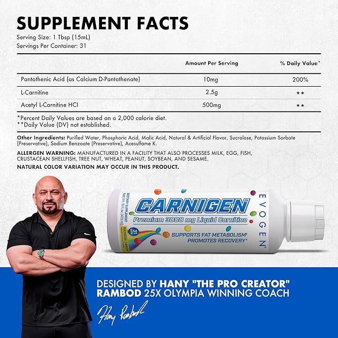 Evogen Carnigen Premium L Carnitine Liquid – L Carnitine 3000 Supplement | L Carnitine Supplement for Fat Metabolism & Recovery | Acetyl L-Carnitine | Caffeine Free | Rainbow Candy | 31 Servings