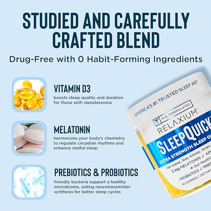 Relaxium Sleep Quick Gummy, Sleep Aid Support, 5 mg Melatonin, Vitamin D-3, Prebiotic & Probiotic Blend, Gluten & Drug Free, Lemon Flavor, 60 Gummies