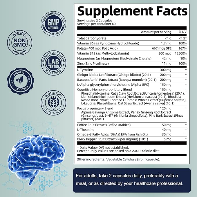 C-ognitive with Caffeine Pills, L-Tyrosine, Alpha GPC, Ginkgo Biloba, Bacopa Monnieri Brain Supplement for Memory and Focus, Brain Nootropic Support - Non-GMO, Gluten Free (120 Counts)