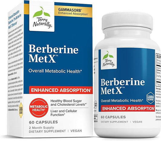 Terry Naturally Berberine MetX Extra Strength - Brain & Liver Health Support Supplement - Supplement with Indian Barberry Root Extract - Vegan Capsules for Metabolic Health Support - 60 Capsules