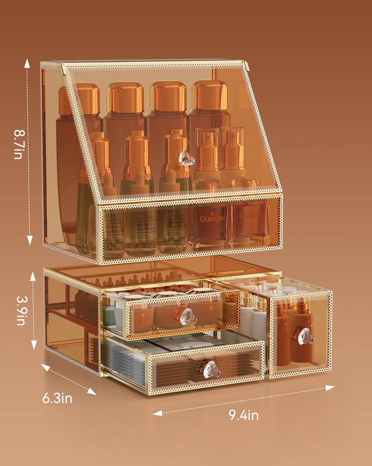 Makeup Organizer Countertop,Amber Makeup Organizer with Drawer, Skincare Holder for Bathroom Countertop,Cosmetic Display Case for Dresser