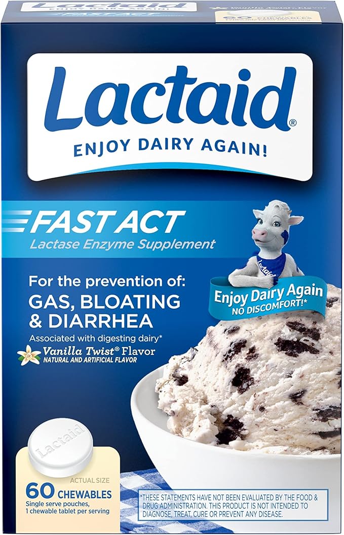 Lactaid Fast Act Lactose Intolerance Relief Caplets with Lactase Enzyme, 96 Count & Fast Act Lactose Intolerance Chewables with Lactase Enzymes, Vanilla, 60 Count (Pack of 1)