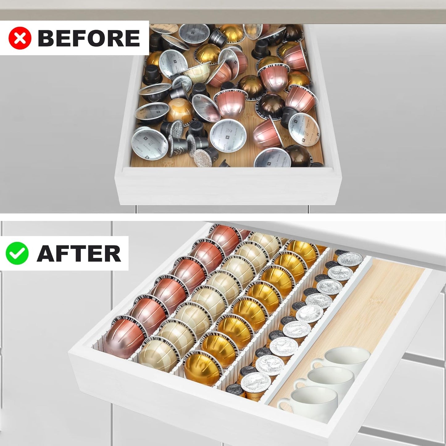 MinBoo Bamboo Coffee Pod Storage Holder Drawer Insert for Counter Compatible with Vertuoline Capsules for Kitchen, Home, Office, Coffee Station,white