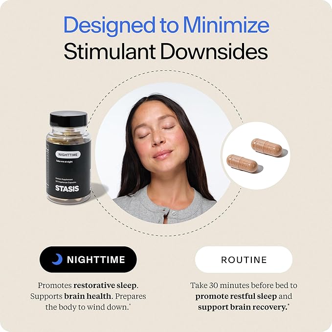 Stasis Nighttime - Calm & Sleep Capsules to Pair with Your Stimulant - Skullcap, Magnolia Bark, Magnesium for Sleep & Astaxanthin Supplements for Relaxation & Mood Support (25 Servings)