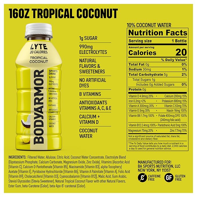 BODYARMOR LYTE Sports Drink Low-Calorie Sports Beverage, Tropical Coconut, Coconut Water Hydration, Natural Flavors With Vitamins, Potassium-Packed Electrolytes, Perfect For Athletes, 16 Fl Oz (Pack of 12)