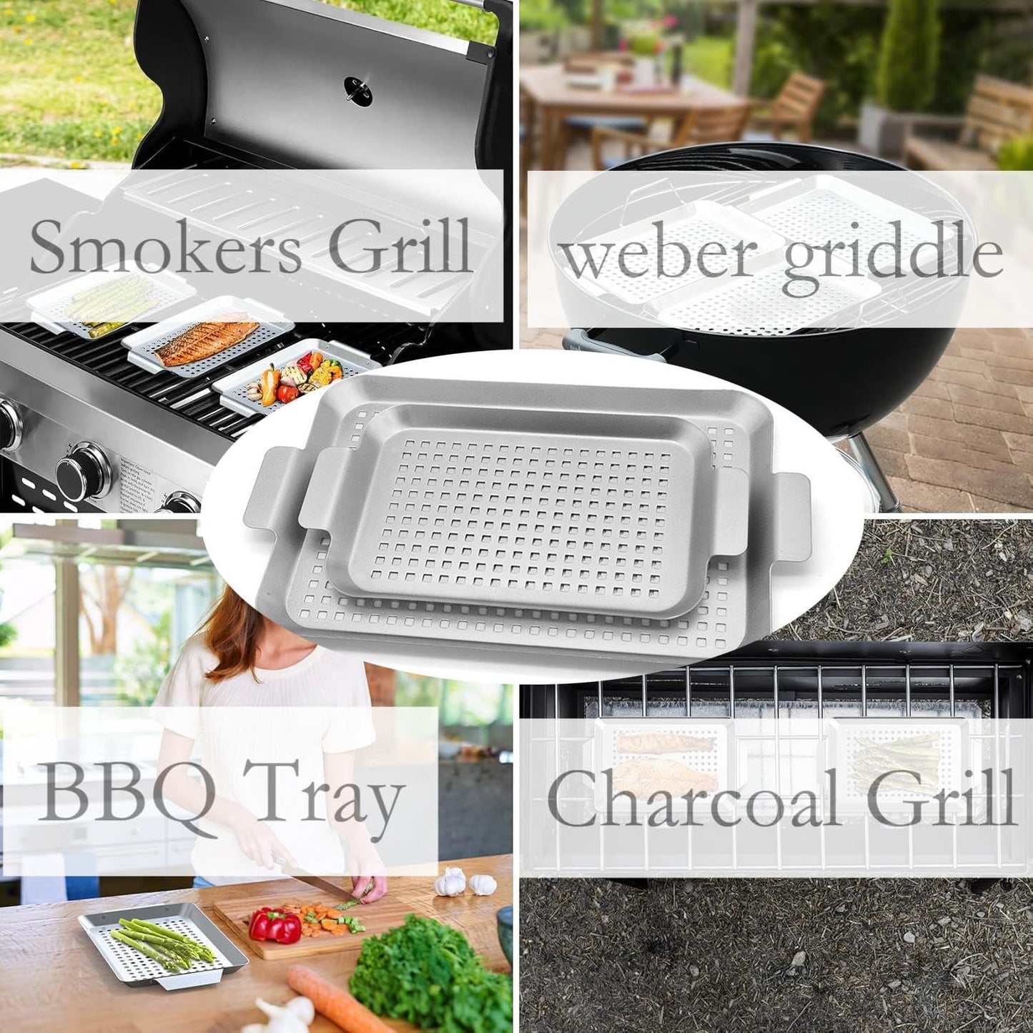 Grill Topper Non-Stick Stainless Steel BBQ Tray with Holes Outdoor Grilling Pans for Meat Vegetables Set of 2 (16.5" x10" and 13"x7.4")