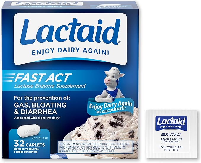 Lactaid Fast Act Lactose Intolerance Relief Caplets with Lactase Enzyme to Prevent Gas, Bloating & Diarrhea Due to Lactose Sensitivity, Ideal for Travel & On-The-Go, 32 Packs of 1-Count
