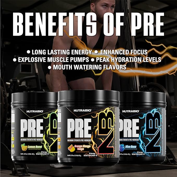 NutraBio PRE Workout Powder - New Formula- Sustained Energy, Mental Focus, Endurance - Beta Alanine, Caffeine, Electrolytes - 20 Servings - Orange Mango Tango