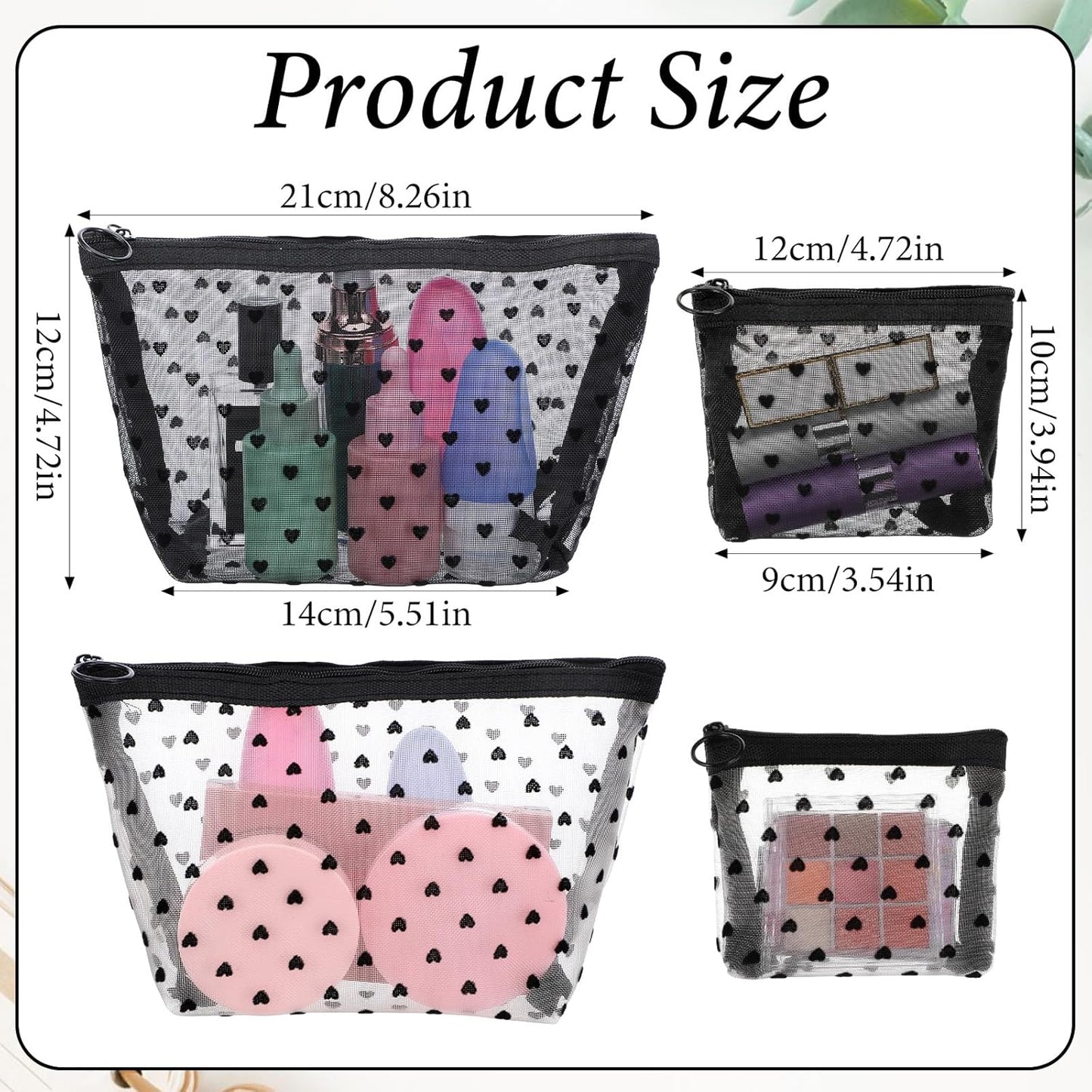 4 PCS Heart Printed Mesh Makeup Bag Set, White & Black Mesh Makeup Bag with Zipper Lipstick Accessories Organizer Mini Travel Organizer Bags for Women(2 Small 2 Medium)