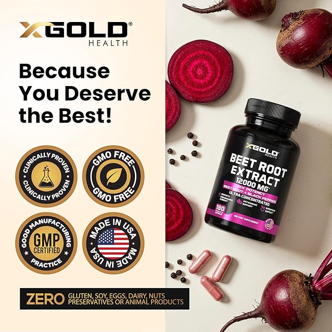Beet Root Extract Capsules - 12000mg 20x Concentrated Beet Root Capsules Supplement w/Black Pepper - High Nitrates - Natural Nitric Oxide Booster - Highly Concentrated & Bioavailable -180 Veggie Caps