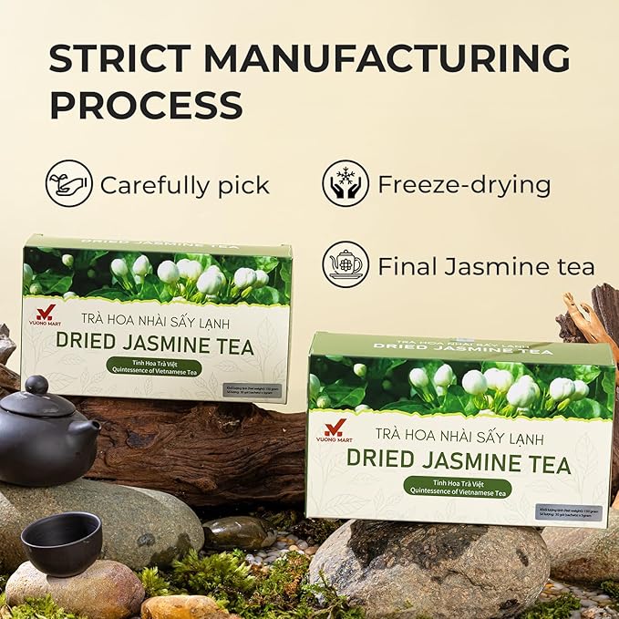 VUONGMART Dried Jasmine Buds Tea, 100% Hand Pick, Stevia, Honeyydew, Heat Pump Drying, Organic Herbal Tea, 30 Tea Bags, Gluten Free, Dairy Free, Sugar Free & Natural, Energy Boost & Health Support