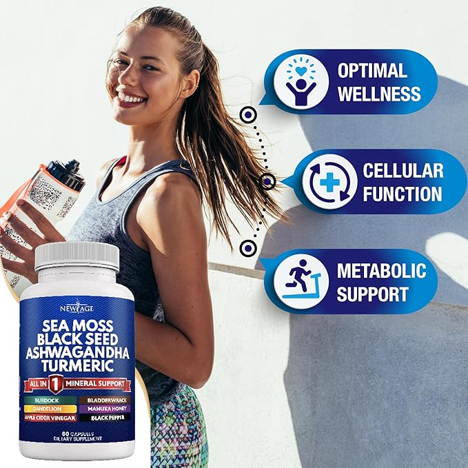 NEW AGE Sea Moss Capsules Black Seed Oil Ashwagandha Turmeric Bladderwrack Burdock - with Manuka, Honey Dandelion, ACV Black Pepper Gluten Free