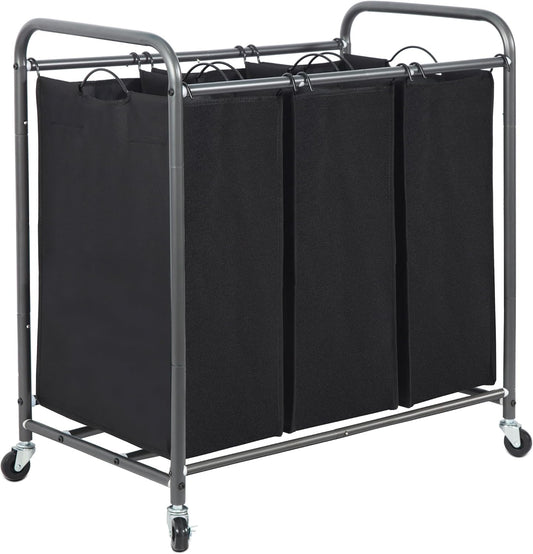 STORAGE MANIAC 3 Section Laundry Sorter, 35.9 Gal (136 L) Laundry Hamper Cart with Heavy Duty Rolling Lockable Wheels and Removable Bags, Clothes Organizer Basket Clothes Separator Hamper, Black