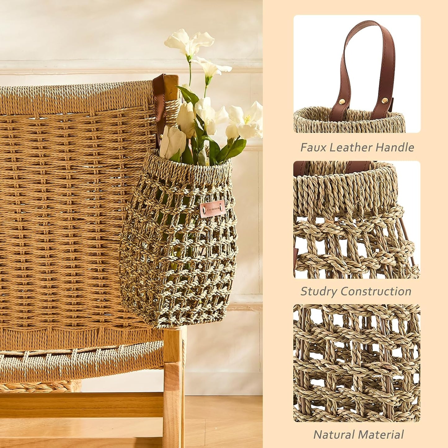 Woven Front Door Basket Water Hyacinth Wall Hanging Basket Decorative Boho Mounted Organizer for Dried Flower Plants Storage Basket for Garden, Home, and Farmhouse Décor (C_Seagrass)