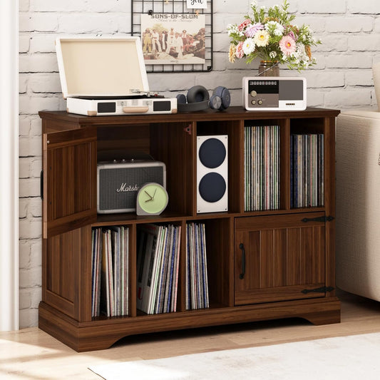 Large Record Player Stand with Vinyl Storage - 39.5" Turntable Stand Farmhouse Wood Storage Cabinet with Magnetic Doors, Stereo Media Shelf for Living Room, Office, Walnut