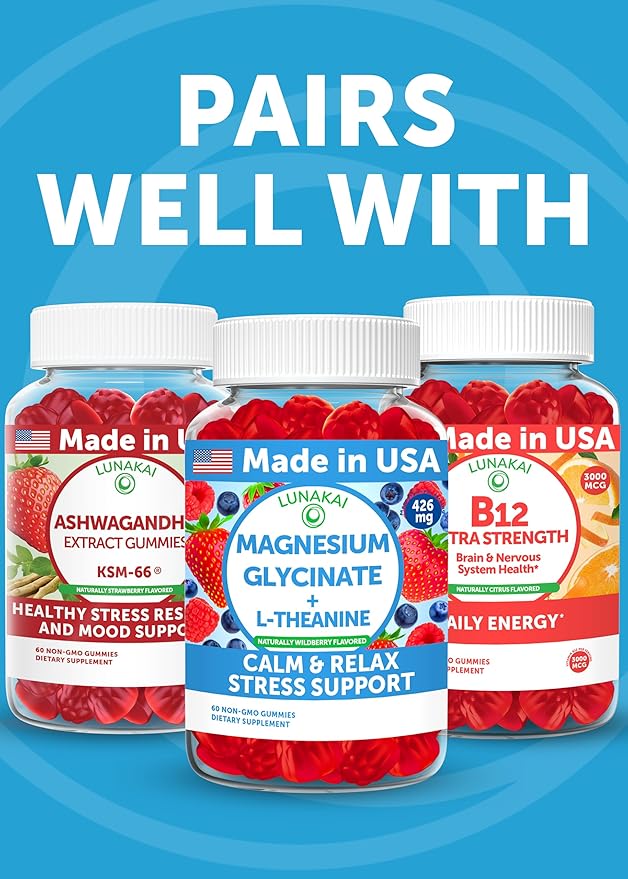 Lunakai USA Made Calm & Stress Relief Gummies – Delicious GABA + L-Theanine Calming Supplement for Adults & Kids – Natural Stress Support, 60ct