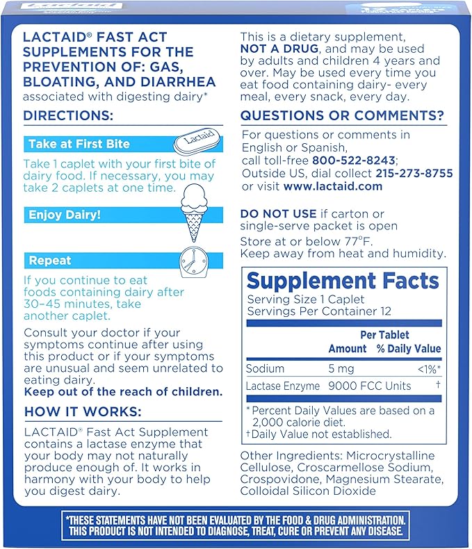 Lactaid Fast Act Lactose Intolerance Relief Caplets with Lactase Enzyme to Prevent Gas, Bloating & Diarrhea Due to Lactose Sensitivity, Ideal for Travel & On-The-Go, 12 Packs of 1-Count