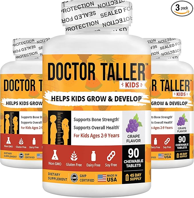 Doctor Taller Kids - Kids Multivitamins, Toddler Vitamins - Support Bone Strength, Enhanced Immunity with Calcium, Multivitamins for Ages 2 to 9 - Grape Flavor - 90 Vegan Chewable Tablets | 3 Pack
