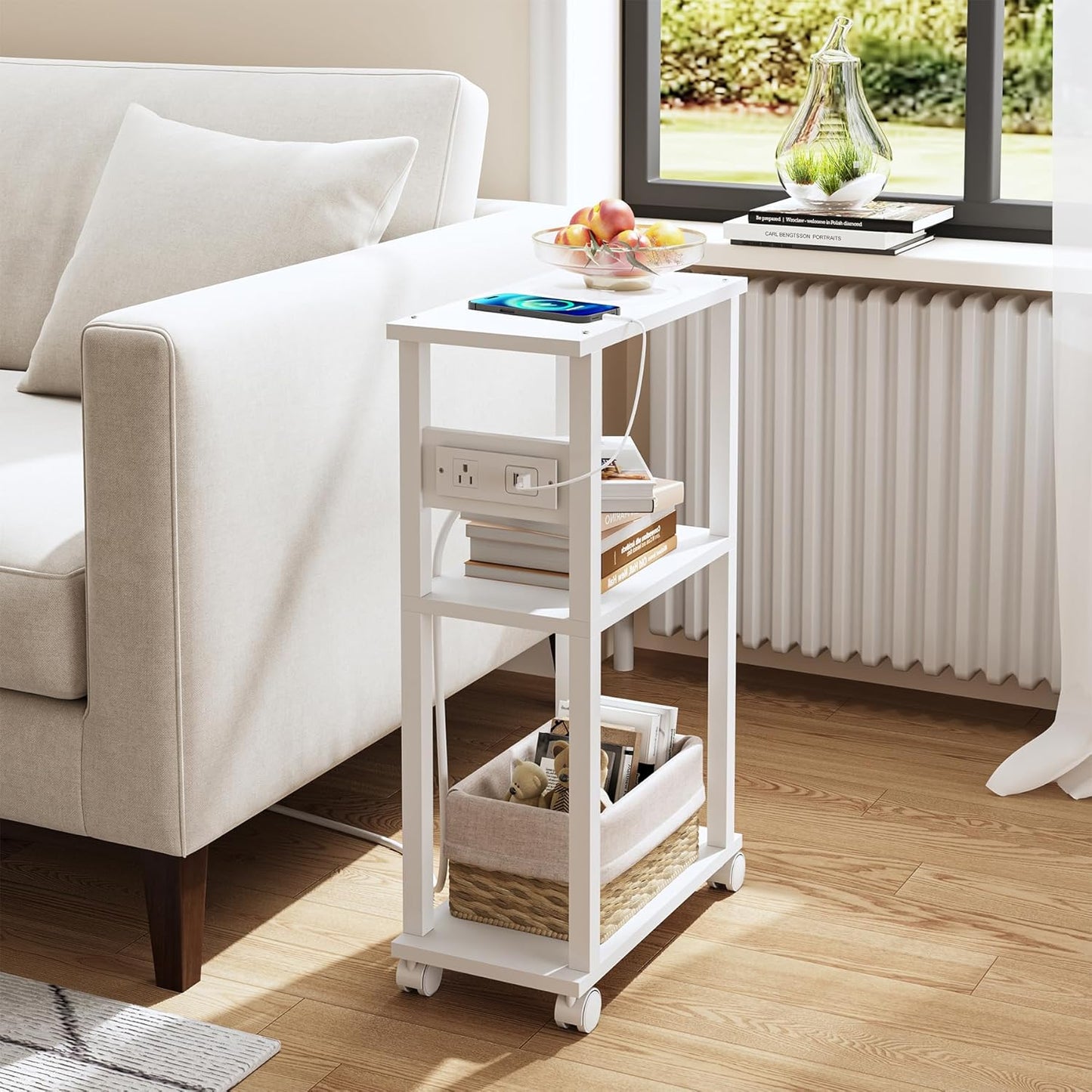 TUTOTAK Small Narrow Side Table with Charging Station, Skinny End Table for Small Spaces, Slim Nightstand with USB Ports and Outlet, Sofa Beside Table with Wheels, White TB01BW046