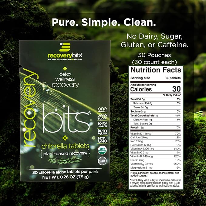 RECOVERYbits - Organic Chlorella Tablets - Plant-Based Algae Superfood - Chlorophyll - Cracked Cell Wall - Energy - Immune System - Detox - Keto - Vegan - Non-GMO - Box of 30 Pouches - 900 Tablets