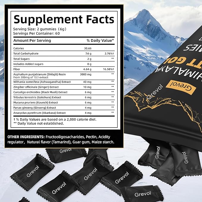 Pure Himalayan Shilajit Gummies with Ashwagandha Fulvic Acid & 85+ Trace Minerals - No Added Sugar - Individually Wrapped - 120 Gummy
