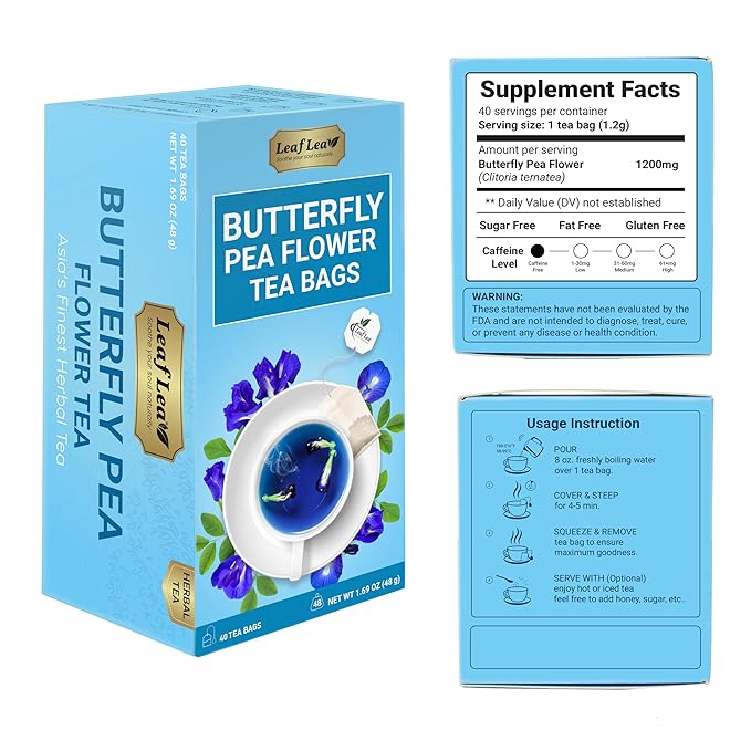 LeafLea 80 Butterfly Pea Flower Tea Bags, Natural Herbal Tea for Blue and Purple Drinks, Mocktails, and Food Coloring, Caffeine-Free, Sugar-Free, Non-GMO, Pack of 2