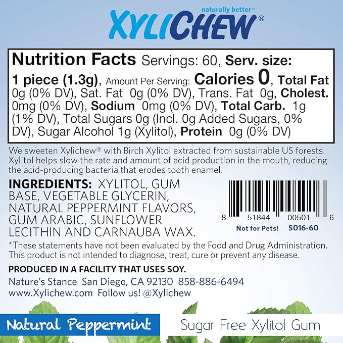 Xylichew 100% Xylitol Chewing Gum - Non GMO, Non Aspartame, Gluten Free, and Sugar Free Gum - Natural Oral Care, Relieves Bad Breath and Dry Mouth - Peppermint, 60 Count