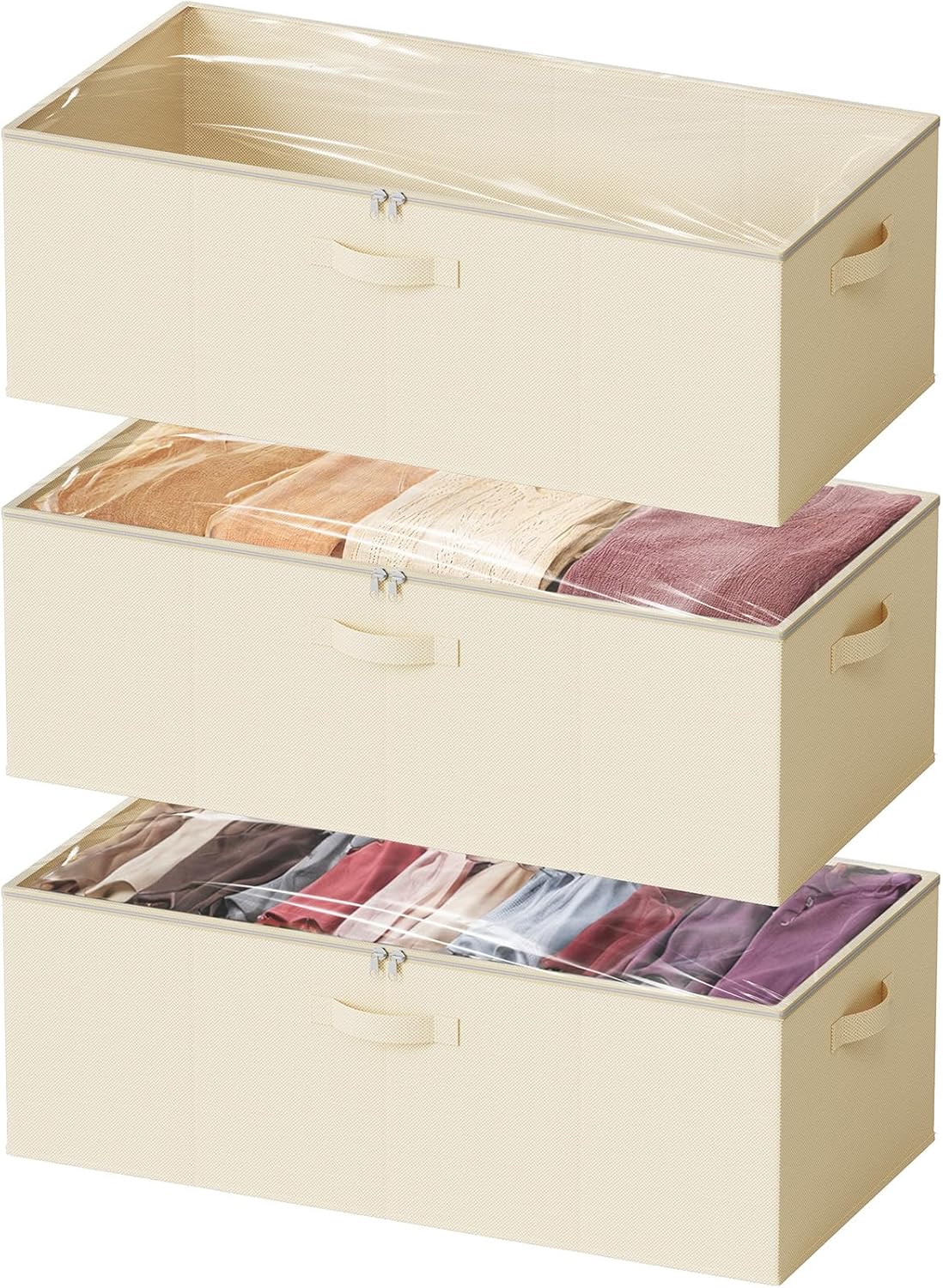 SpaceAid 3 Pack 10" High Under Bed Storage Containers, Large Underbed Storage Organizer Bins with Lids for Bedroom, Dorm, Clothes, Closet Organization, Bed Sheets and Blankets (Beige)