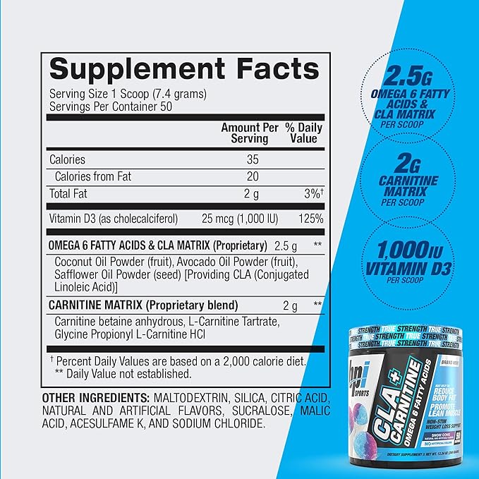 BPI Sports CLA+Carnitine – CLA L Carnitine & Linoleic Acid – L Carnitine Supplement for Weight Loss, Metabolism & Lean Muscle – Caffeine Free – Snow Cone – 50 Servings – 12.34 oz