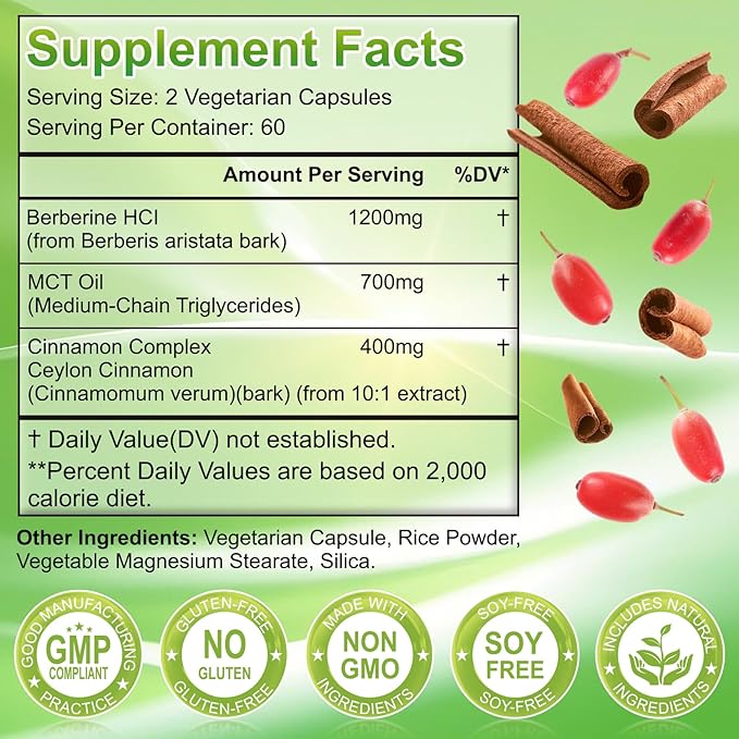 Berberine with Ceylon Cinnamon, 1200mg Berberine HCL & MCT Oil for Enhanced Absorption – Supports Immune System & Gut Health, Gluten-Free & Dairy-Free – 240 Capsules