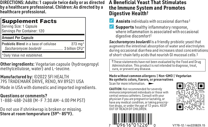 Klaire Labs SFI Health Saccharomyces Boulardii Probiotic - Acid Resistant & Shelf-Stable Supplement to Support Healthy Yeast Balance, Immune & Digestive Health - Hypoallergenic, Dairy-Free (120ct)