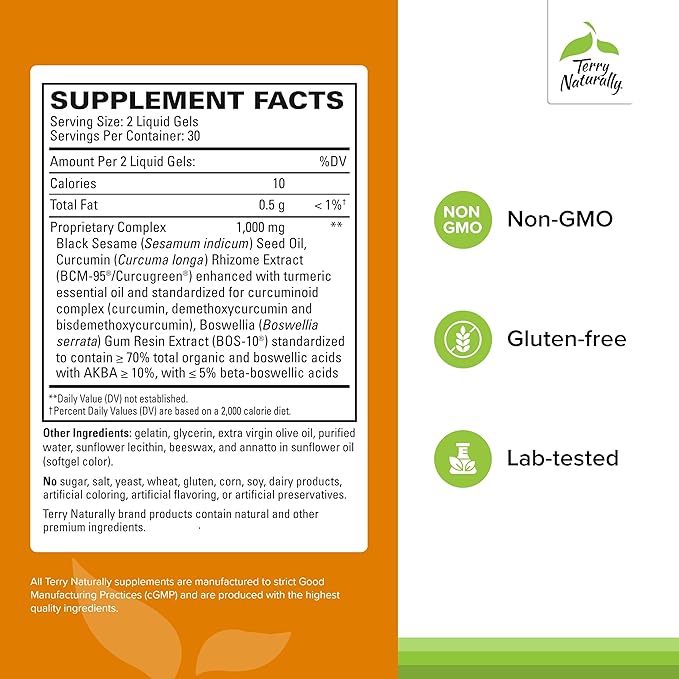 Terry Naturally CuraMed Acute Pain Relief - Supplement with BCM-95 Curcumin & BOS-10 Boswellia - Black Sesame Seed Oil to Support Relief of Occasional Discomfort - 60 Liquid Gels