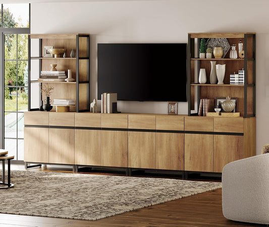 WAMPAT Modern TV Stand with 3 Tiers Bookshelf, Farmhouse Entertainment Center with 4 Large Storage Cabinets and Adjustable Shelf, Wooden Media TV Console with Black Metal Leg for Living Room, Oak