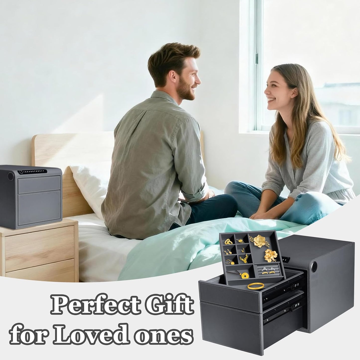 Jewelry Safe with Drawers，Biometric Fingerprint safe, Slide-Away Handgun Safe for Pistols, Leather Wrapped Jewelry Storage Safe, Digital Keypad & Quick-Access Drawer (Grey- 2 Drawer)