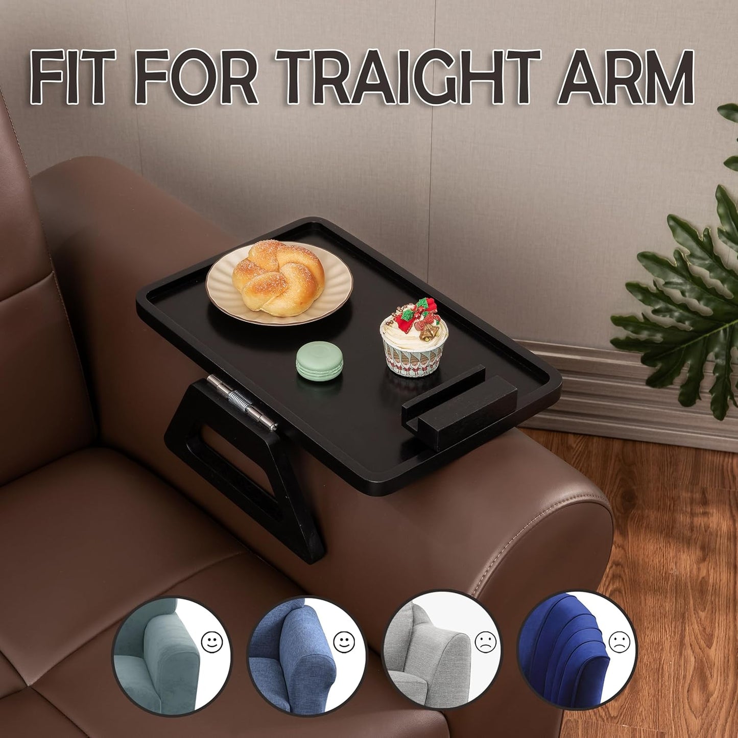 Acacia Wood Arm Table (15.35" D x 9.8" W x 5.7" H), Couch Arm Tray for TV Dinners, Remote, Foldable Armrest Organizer, Rectangular Sofa Armrest Tray - Black