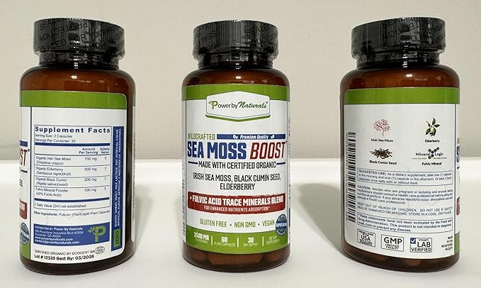 Power By Naturals Sea Moss Advanced with Black Seed Oil & Elderberry Capsules - Certified Organic Irish Sea Moss Capsules for Energy, Gut & Immune Support - Sea Moss Pills with (60+ Minerals) 60 Pills