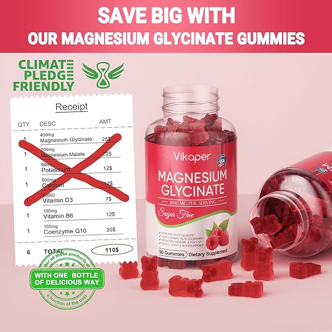 Magnesium Glycinate Gummies 1000 mg Sugar Free,High Absorption Calcium Magnesium Supplement,Vegan,Non GMO,Gelatin Free,Calm Mood,Sleep,Boosts Energy Support for Adults,90 Raspberry Gummies