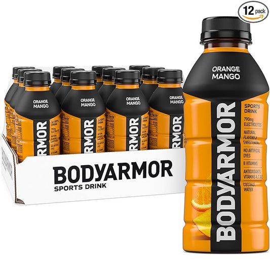 BODYARMOR Sports Drink Sports Beverage, Orange Mango, Coconut Water Hydration, Natural Flavors With Vitamins, Potassium-Packed Electrolytes, Perfect For Athletes, 16 Fl Oz (Pack of 12)