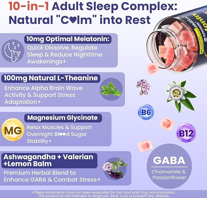 Melatonin Gummies 10mg 20mg with Magnesium for Adults | Drug Free | Sleep Aid | Sugar Free | L-Theanine, Ashwagandha, B6, B12, Lemon Balm & Chamomile, Supports Deep Relaxation, 60 Cts