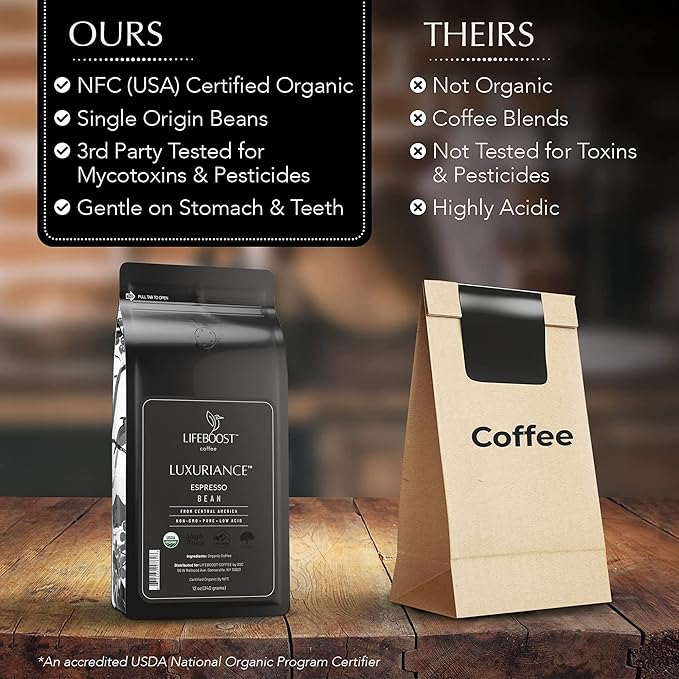 Lifeboost Organic Espresso Beans Whole – USDA Organic, Low Acid, Mold-Free Dark Roast Coffee – Whole Bean, Single Origin, High Caffeine Arabica – 12 oz Bag