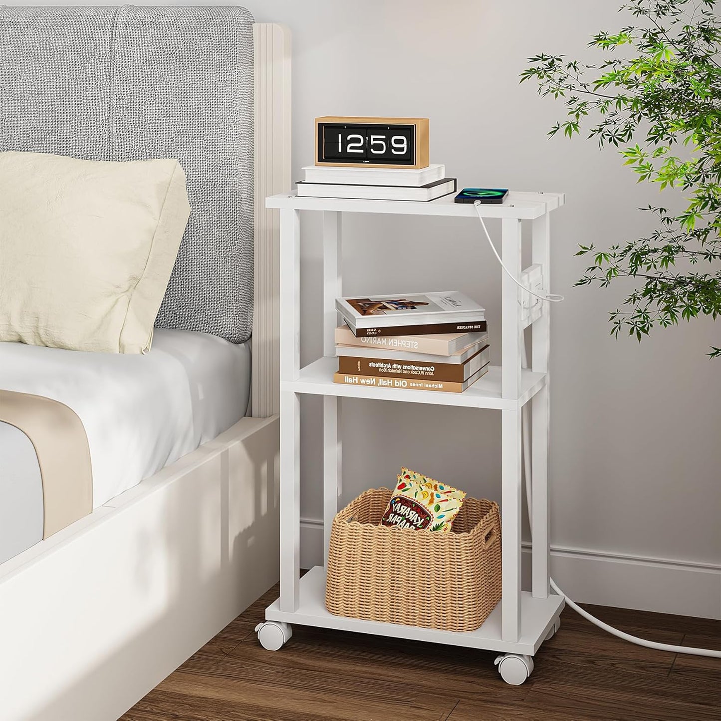 TUTOTAK Small Narrow Side Table with Charging Station, Skinny End Table for Small Spaces, Slim Nightstand with USB Ports and Outlet, Sofa Beside Table with Wheels, White TB01BW046