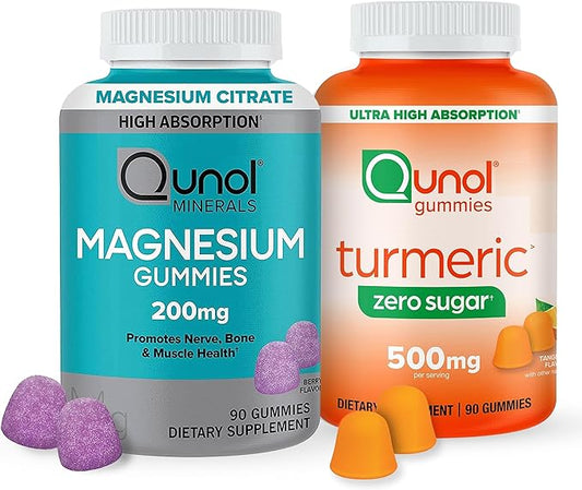 Qunol Zero Sugar Turmeric Gummies, Vegetarian, Gluten Free, 500mg + Qunol Magnesium Gummies 200mg, Vegetarian, 90 Count