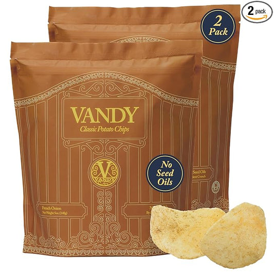 Vandy Crisps Potato Chips - Seed Oil Free Snacks - Gluten Free Potato Chip - Made with Potatoes, Grass-Fed Beef Tallow, Sea Salt, & French Onion Blend - 2 Pack, 5 Ounce Each (French Onion)