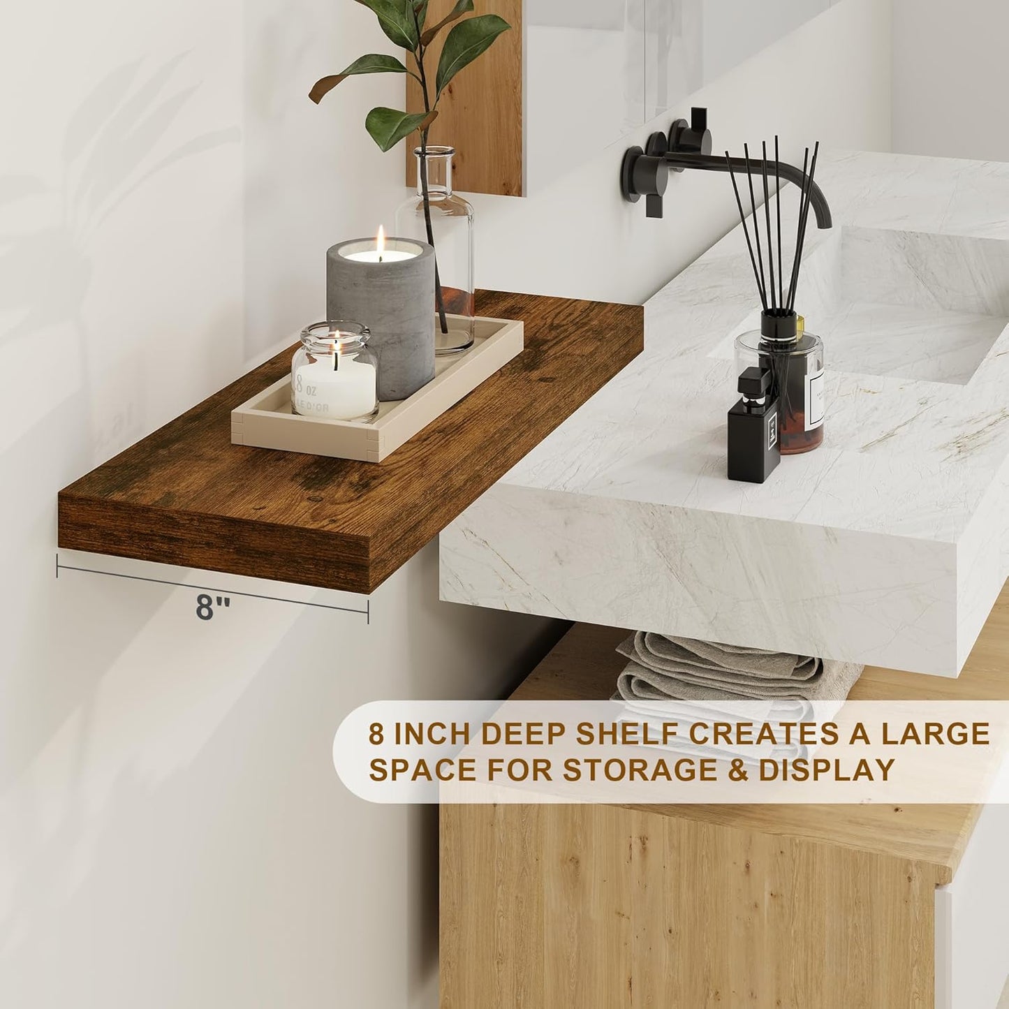 Fun Memories Floating Shelves 55 Inch Long, 8 Deep Floating Shelves for Wall, Large 55 x 8 Display Shelves for Living Room, Kitchen, Wood Deep Wall Shelves for Home Storage, Rustic Brown, 1 Pack