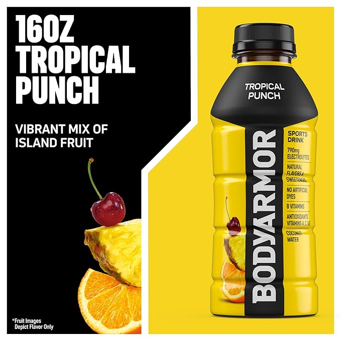 BODYARMOR Sports Drink Sports Beverage, Tropical Punch, Coconut Water Hydration, Natural Flavors With Vitamins, Potassium-Packed Electrolytes, Perfect For Athletes, 16 Fl Oz (Pack of 12)