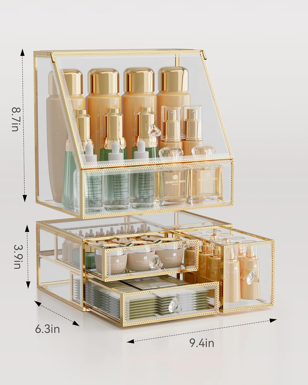 Tempered Glass Makeup Organizer – Clear Vanity Organizer with 18-Slot Lipstick Holder & Brush Organizer, Skincare and Perfume Storage for Dresser, Bathroom, and Countertop Use