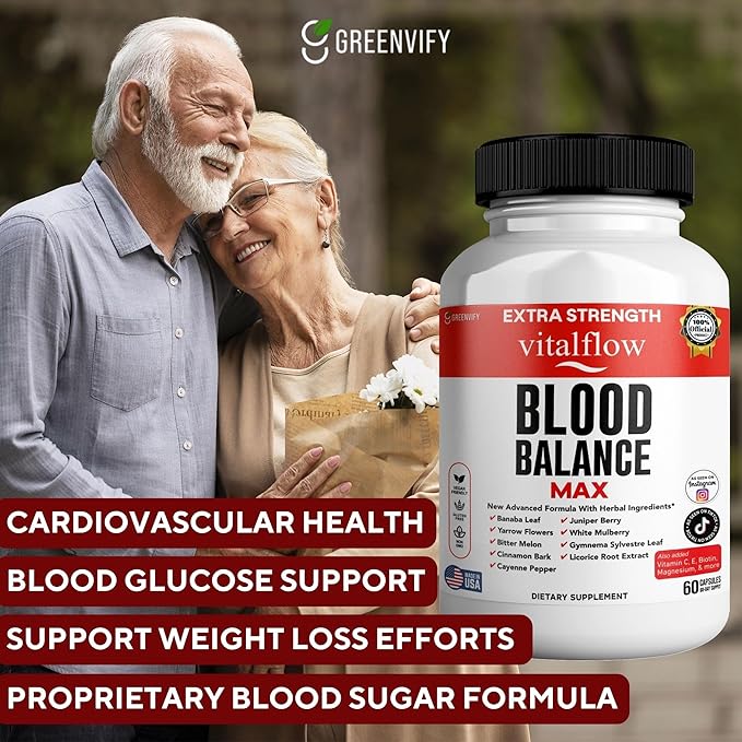 VitalFlow Blood Balance Max | Advanced Herbal Formula with Banaba Leaf, Juniper Berry, Bitter Melon & More | Vegan, Gluten-Free, Non-GMO | 60 Capsules, 60-Day Supply | Made in USA (1)