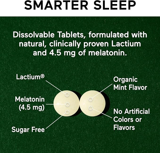 Smarter Nutrition Smarter Sleep Melatonin Dissolvable Tablets 4.5mg + Natural Clinically Proven Lactium® - Sleep & Stress Support - Mint Flavor Melatonin Tablets - Non-GMO-360 Count[180-Day Supply]