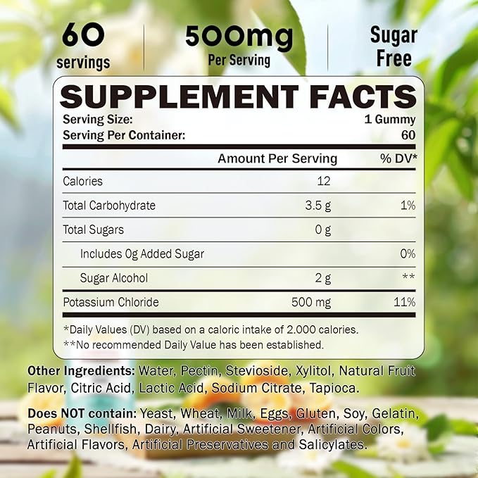 Potassium Gummies, Potassium Chloride for Adults, 60 Servings, Sugar-Free Potassium Supplement, Muscle Relief & Heart Health for Women Men, Electrolyte Balance, Efficient Potassium Supply